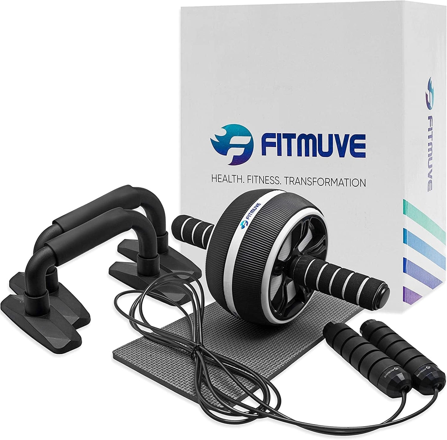 Ab Roller Wheel, Exercise Equipment for Home Gym Workout, 4-In-1 Set - Ab Roller Wheel, Knee Mat, Jump Rope and Push-Up Bars – Core Strength and Abdominal Workout Kit for Men Women Fitness