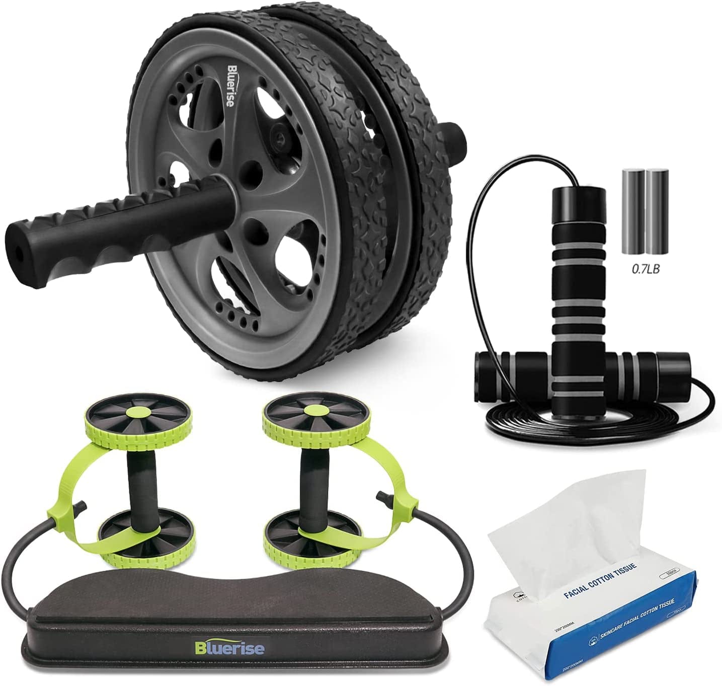 BLUERISE 4-In-1 Ab Roller Kit 2 Styles Ab Wheel & Jump Rop & Face Towel, Workout 0.7LB Load Weighted Jump Rope Abs Exercise Equipment and 100% Cotton Face Towel High Water Absorption Clean