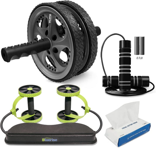 BLUERISE 4-In-1 Ab Roller Kit 2 Styles Ab Wheel & Jump Rop & Face Towel, Workout 0.7LB Load Weighted Jump Rope Abs Exercise Equipment and 100% Cotton Face Towel High Water Absorption Clean
