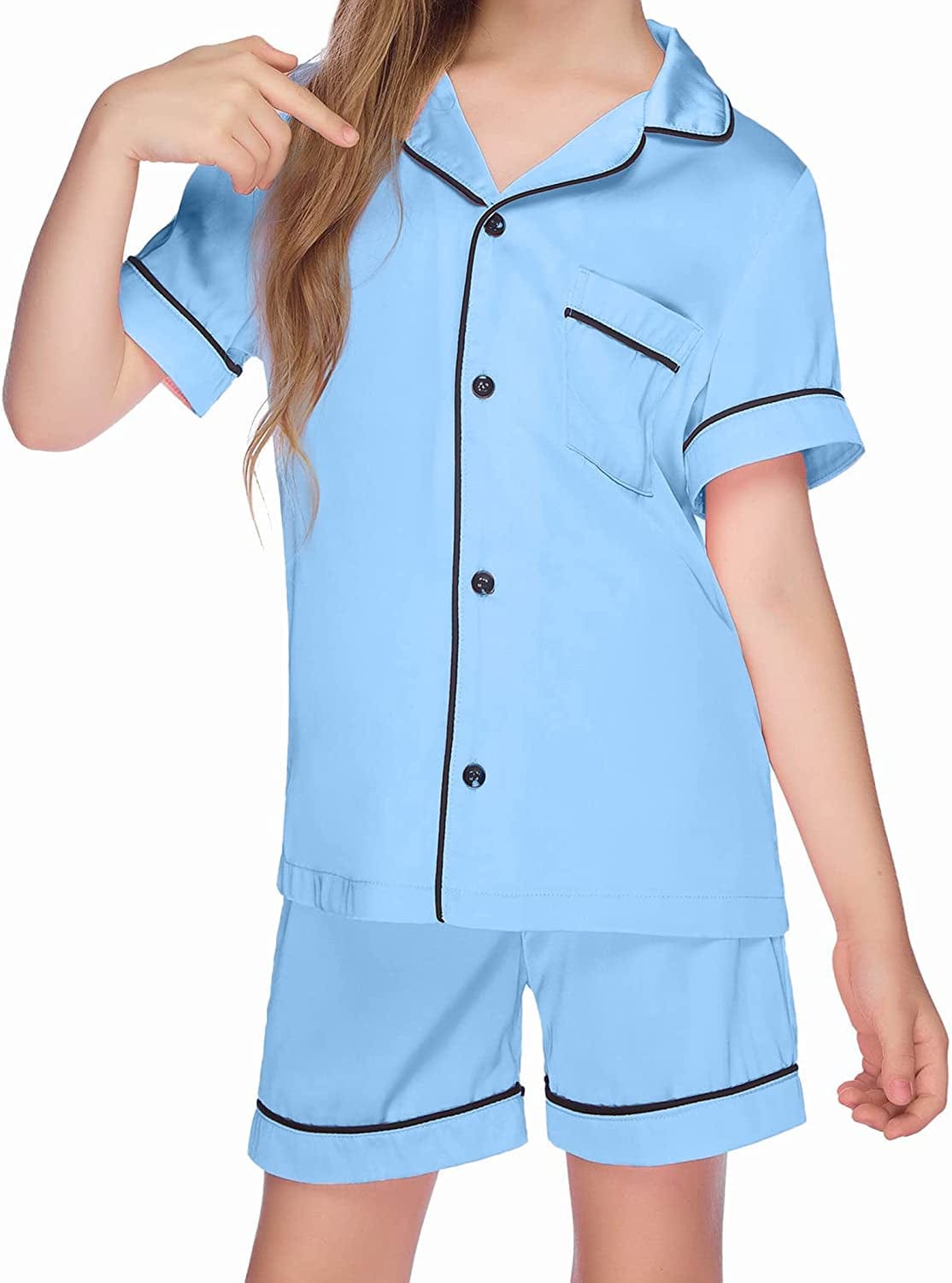 Ekouaer Boys Girls Satin Pajamas Set Silk Pjs Short Sleeve Kids 2 Piece Sleepwear Button-Down Nightwear(4-12T)