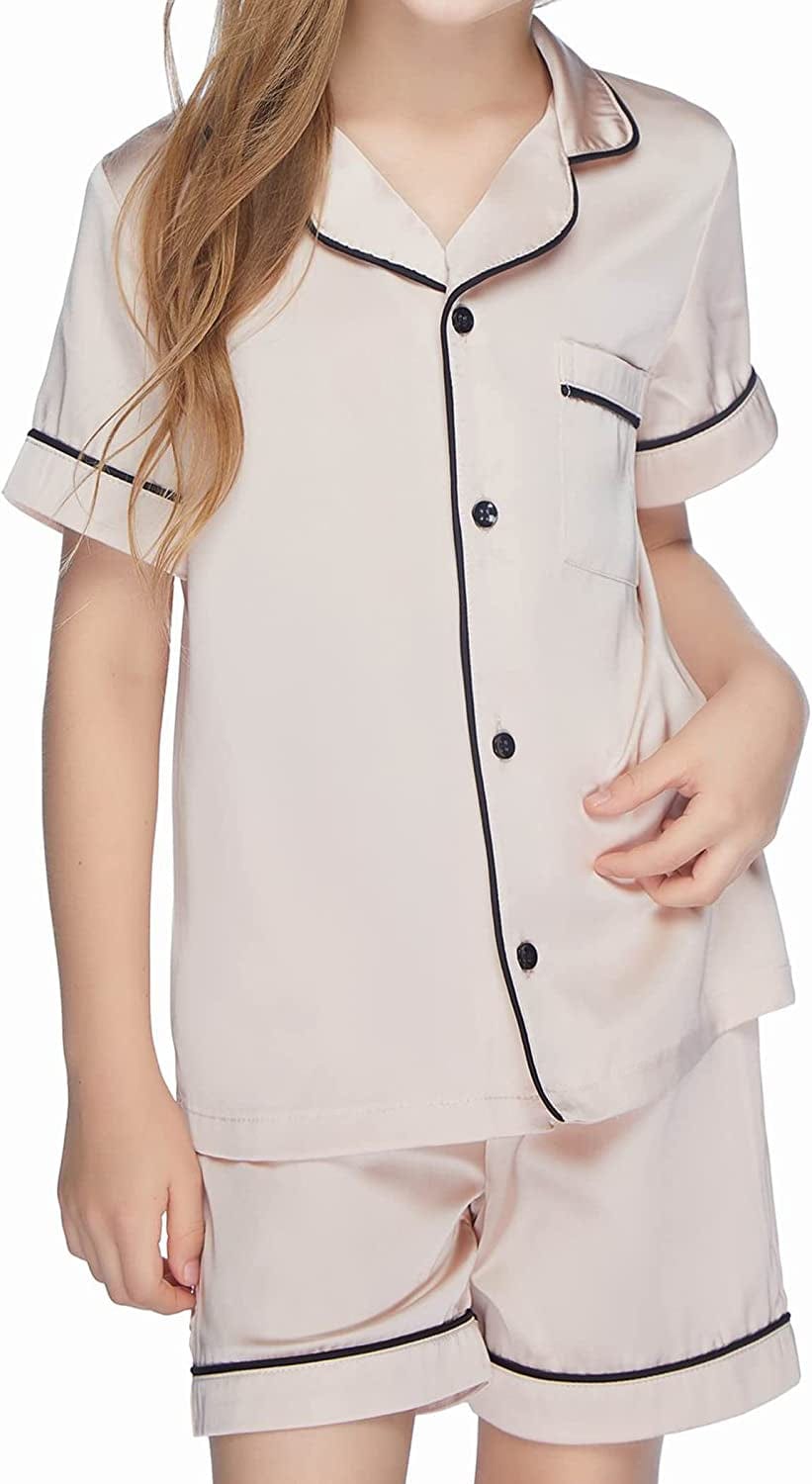 Ekouaer Boys Girls Satin Pajamas Set Silk Pjs Short Sleeve Kids 2 Piece Sleepwear Button-Down Nightwear(4-12T)